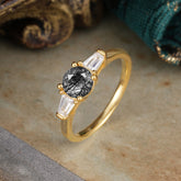 Round Cut Classic Black Rutilated Quartz Engagement Ring Three Stone Wedding Ring